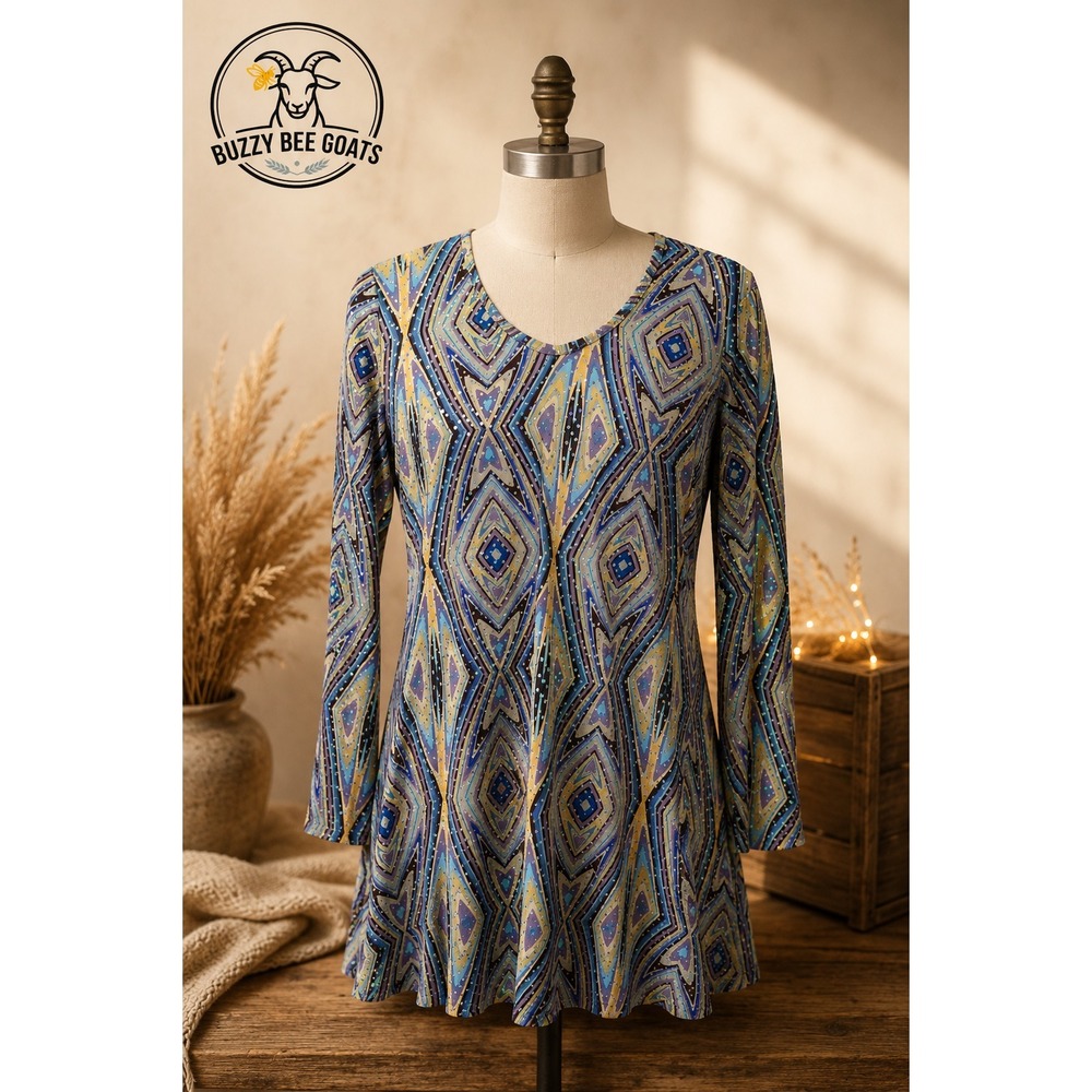 CLARISBELLE PEACOCK PRINT JERSEY KNIT TUNIC DRESS WOMENS BOHO CASUAL MEDIUM